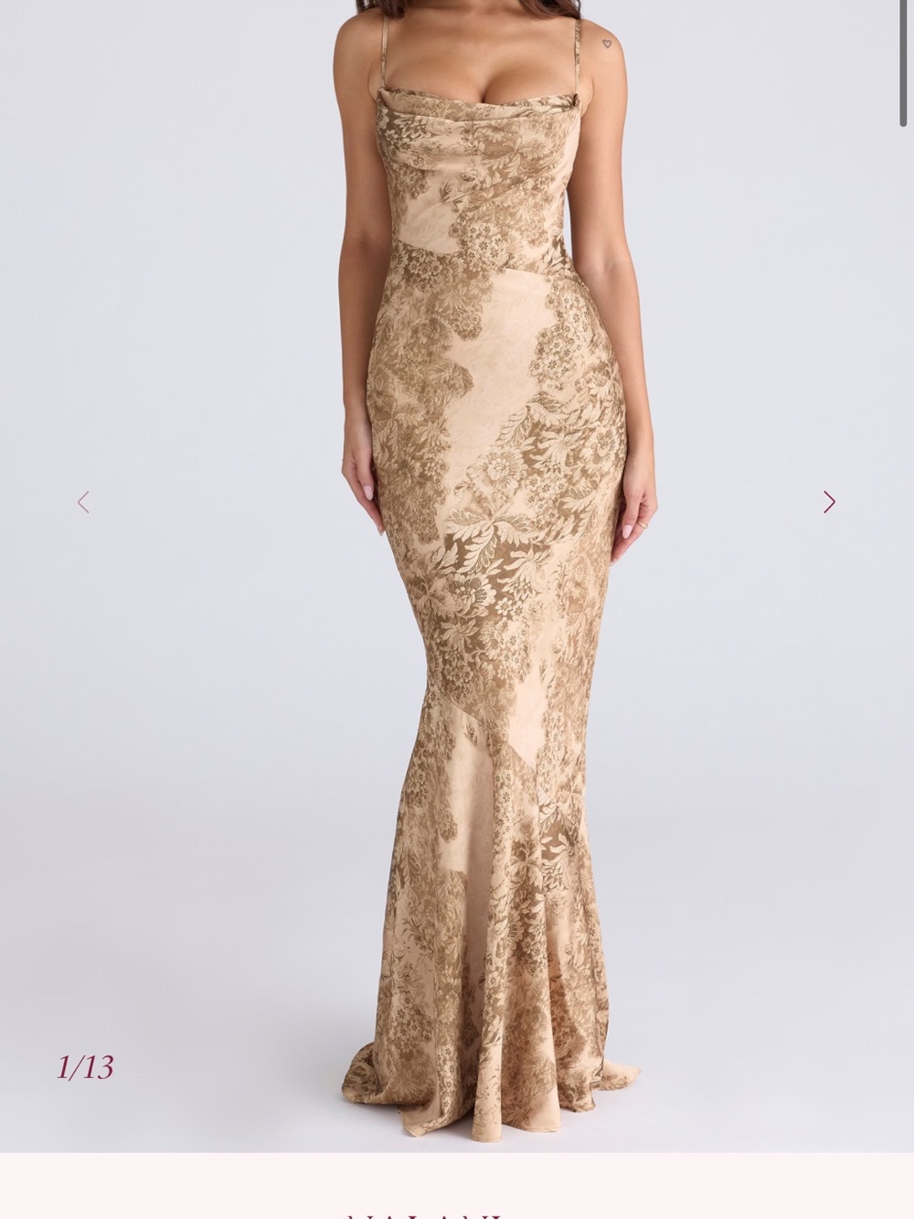 XS House of CB Limited Edition 'Nalani' Gold Patterned Satin Maxi Dress